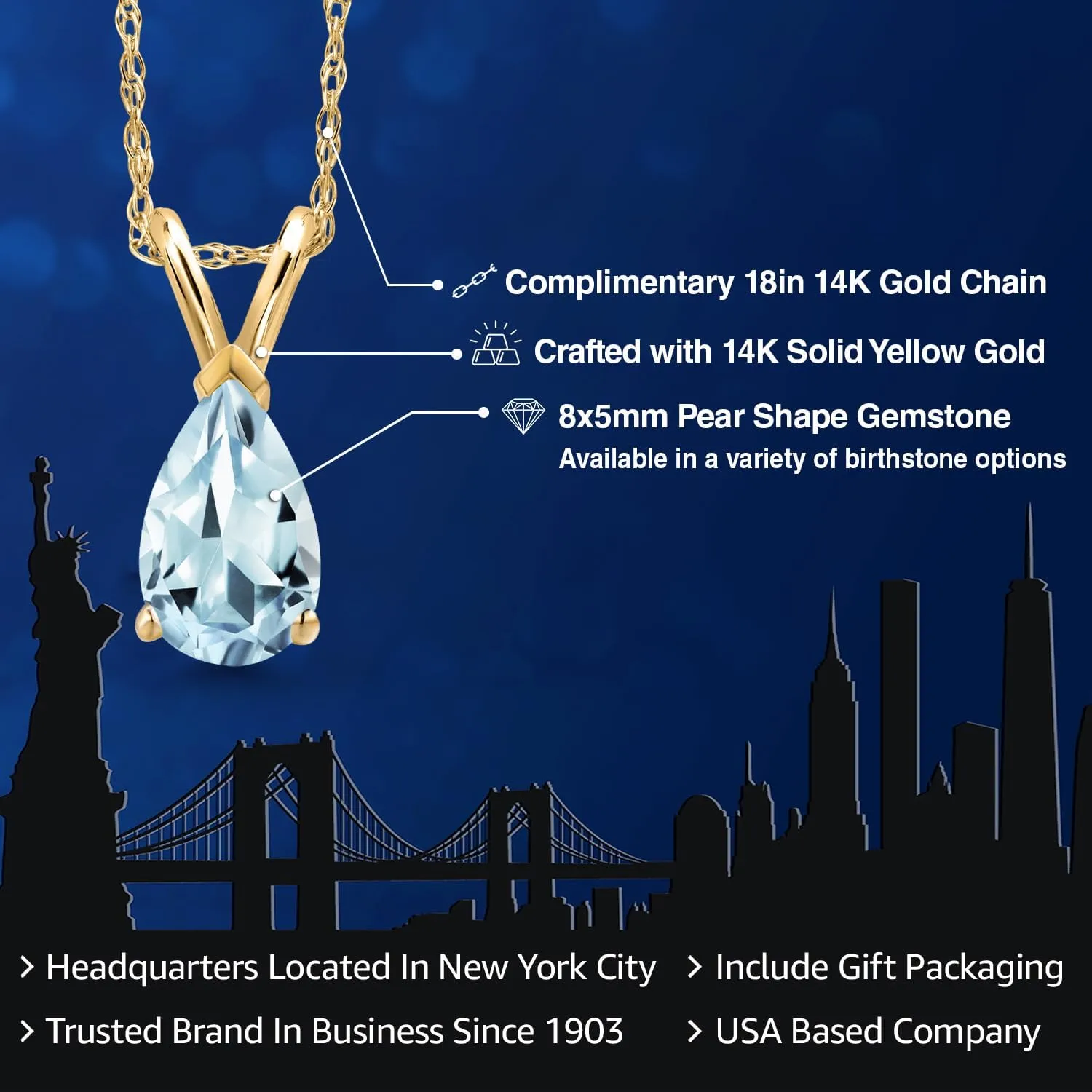 Gem Stone King 14K Yellow Gold 8X5MM Pear Shape Gemstone Birthstone Pendant Necklace for Women | Gold Necklace For Women | With 18 Inch Rope Gold Chain | Fine Jewelry Gifts for Her Mom Women Wife