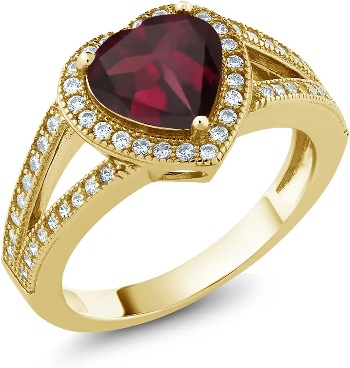 Gem Stone King 18K Yellow Gold Plated Silver Ring Heart Shape Rhodolite Garnet and Moissanite | 2.29 Cttw | Gemstone Birthstone | Heart 8MM | Available In Size 5, 6, 7, 8, 9