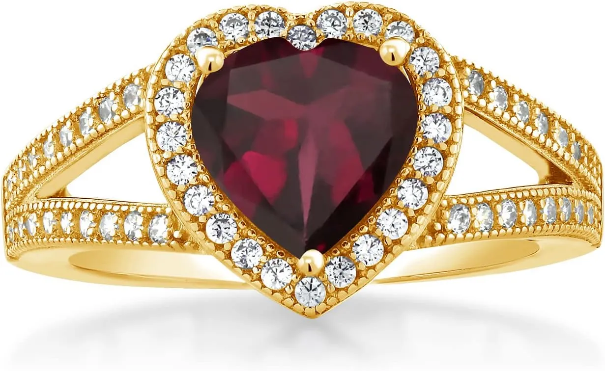 Gem Stone King 18K Yellow Gold Plated Silver Ring Heart Shape Rhodolite Garnet and Moissanite | 2.29 Cttw | Gemstone Birthstone | Heart 8MM | Available In Size 5, 6, 7, 8, 9