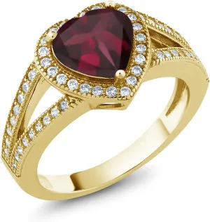 Gem Stone King 18K Yellow Gold Plated Silver Ring Heart Shape Rhodolite Garnet and Moissanite | 2.29 Cttw | Gemstone Birthstone | Heart 8MM | Available In Size 5, 6, 7, 8, 9