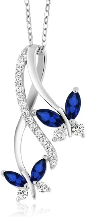 Gem Stone King 925 Sterling Silver Created Blue Sapphire Necklace | Butterfly Infinity Pendant Necklace for Women | 1.21 Ct Marquise | With 18 Inch Silver Chain