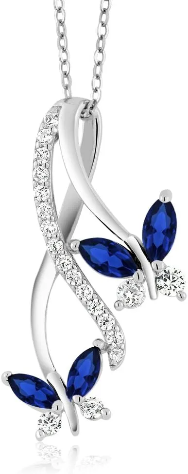 Gem Stone King 925 Sterling Silver Created Blue Sapphire Necklace | Butterfly Infinity Pendant Necklace for Women | 1.21 Ct Marquise | With 18 Inch Silver Chain