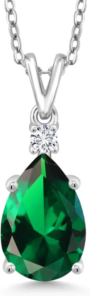 Gem Stone King 925 Sterling Silver Green Nano Emerald and White Lab Grown Diamond Teardrop Pendant Necklace For Women | 2.51 Cttw | Pear Shape 12X8MM | with 18 Inch Silver Chain