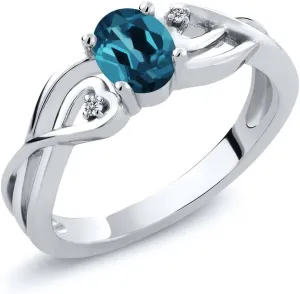 Gem Stone King 925 Sterling Silver London Blue Topaz and White Lab Grown Diamond Ring For Women (0.51 Ct Oval, Gemstone Birthstone, Available in size 5, 6, 7, 8, 9)