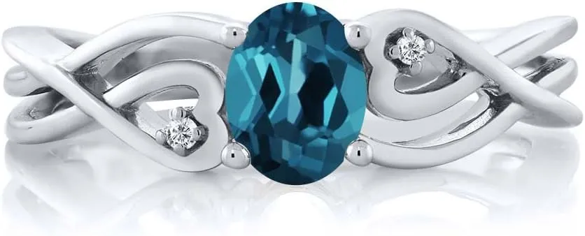 Gem Stone King 925 Sterling Silver London Blue Topaz and White Lab Grown Diamond Ring For Women (0.51 Ct Oval, Gemstone Birthstone, Available in size 5, 6, 7, 8, 9)