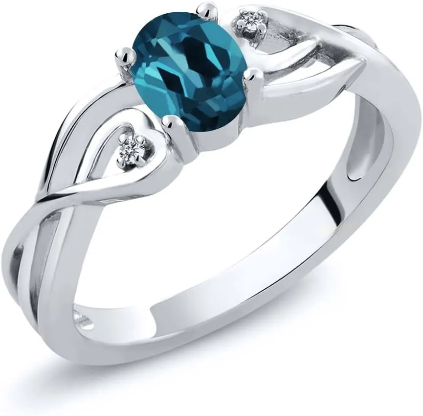 Gem Stone King 925 Sterling Silver London Blue Topaz and White Lab Grown Diamond Ring For Women (0.51 Ct Oval, Gemstone Birthstone, Available in size 5, 6, 7, 8, 9)