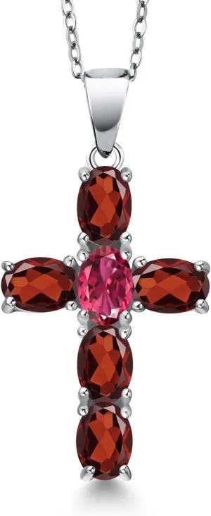 Gem Stone King 925 Sterling Silver Red Garnet and Pink Tourmaline Cross Pendant Necklace for Women | 3.33 Cttw | Gemstone January Birthstone | Oval 6X4MM | With 18 Inch Chain