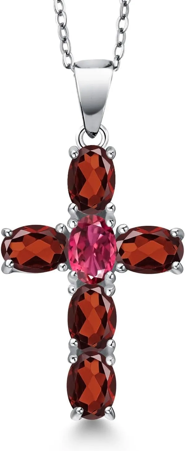 Gem Stone King 925 Sterling Silver Red Garnet and Pink Tourmaline Cross Pendant Necklace for Women | 3.33 Cttw | Gemstone January Birthstone | Oval 6X4MM | With 18 Inch Chain