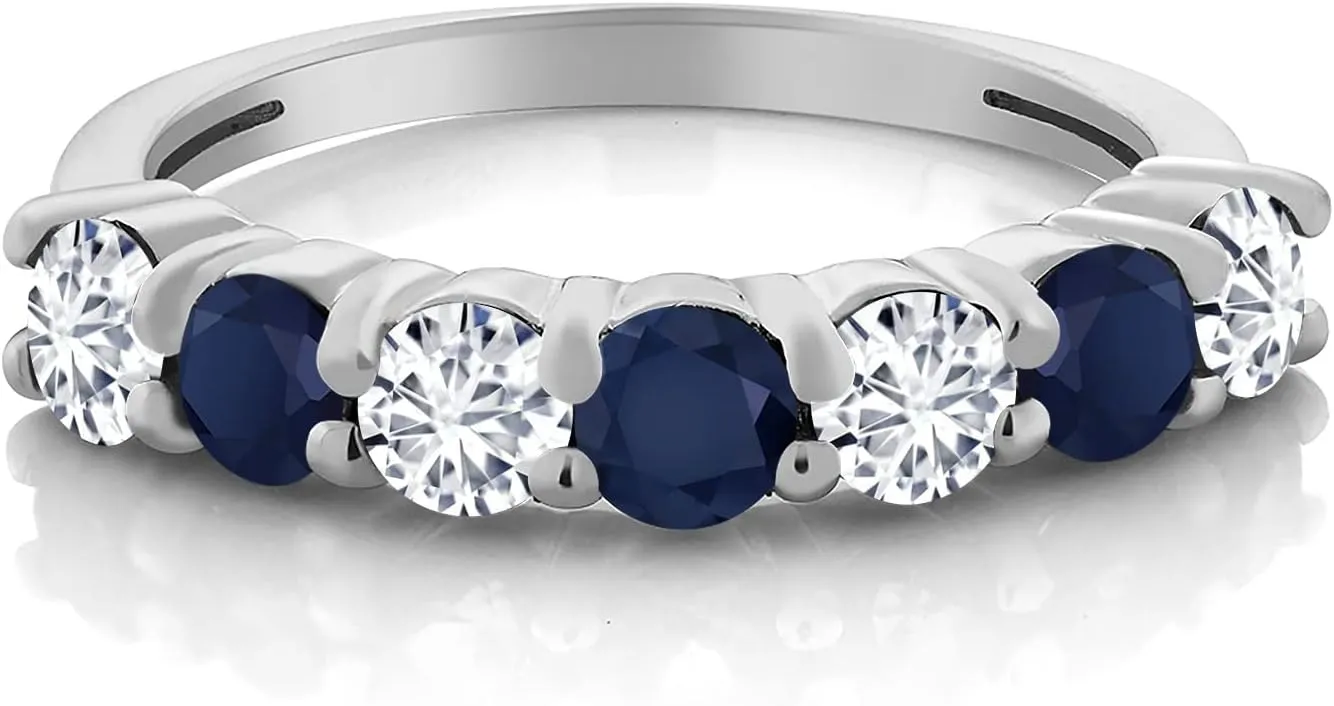 Gem Stone King 925 Sterling Silver Round and White Lab Grown Diamond Blue Sapphire Anniversary Ring For Women | 1.34 Cttw | Gemstone Birthstone | Round 3.5MM | Available in size 5, 6, 7, 8, 9