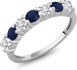 Gem Stone King 925 Sterling Silver Round and White Lab Grown Diamond Blue Sapphire Anniversary Ring For Women | 1.34 Cttw | Gemstone Birthstone | Round 3.5MM | Available in size 5, 6, 7, 8, 9