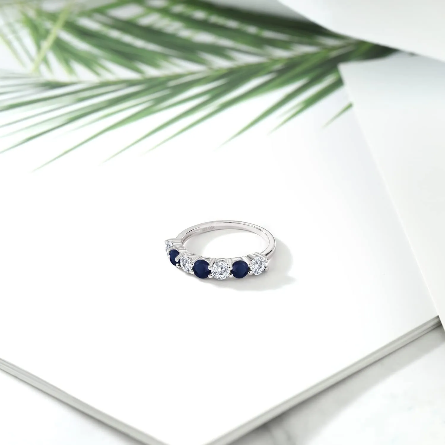 Gem Stone King 925 Sterling Silver Round and White Lab Grown Diamond Blue Sapphire Anniversary Ring For Women | 1.34 Cttw | Gemstone Birthstone | Round 3.5MM | Available in size 5, 6, 7, 8, 9
