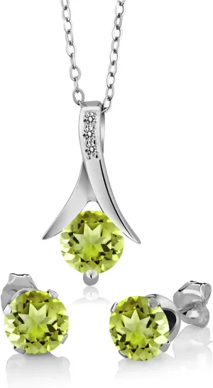 Gem Stone King 925 Sterling Silver Round Green Peridot and White Diamond Pendant and Earrings Jewelry Set For Women (2.60 Cttw, with 18 Inch Silver Chain)