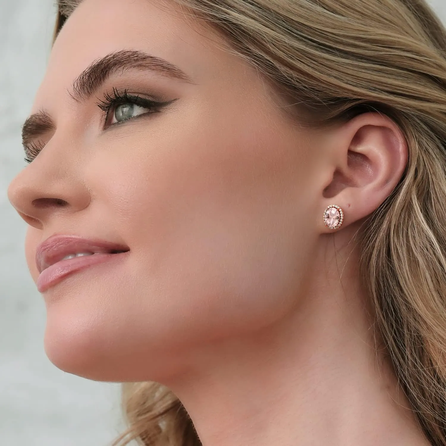 Gem Stone King 9X7MM Oval Cut Gemstone Birthstone Halo Earrings For Women | 18K Rose Gold Plated Silver | Fine Jewelry Gifts for Her Mom Women Wife