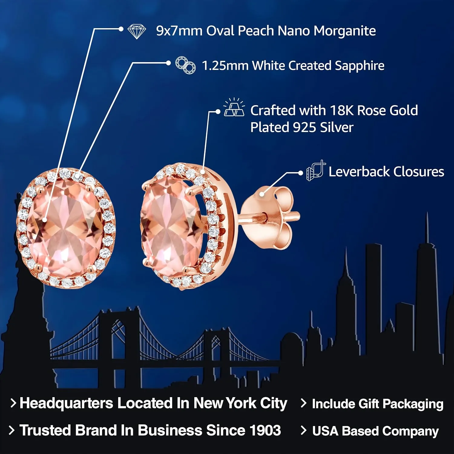Gem Stone King 9X7MM Oval Cut Gemstone Birthstone Halo Earrings For Women | 18K Rose Gold Plated Silver | Fine Jewelry Gifts for Her Mom Women Wife