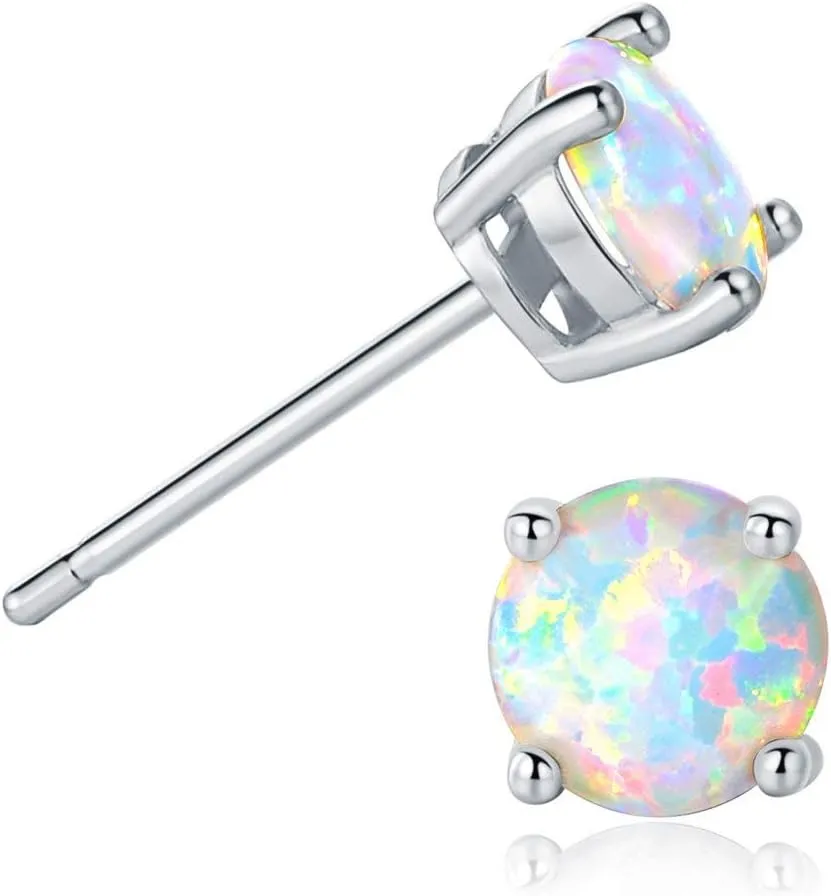 GEMSME 18K White Gold Plated Color 6mm Opal Stud Earrings for Women