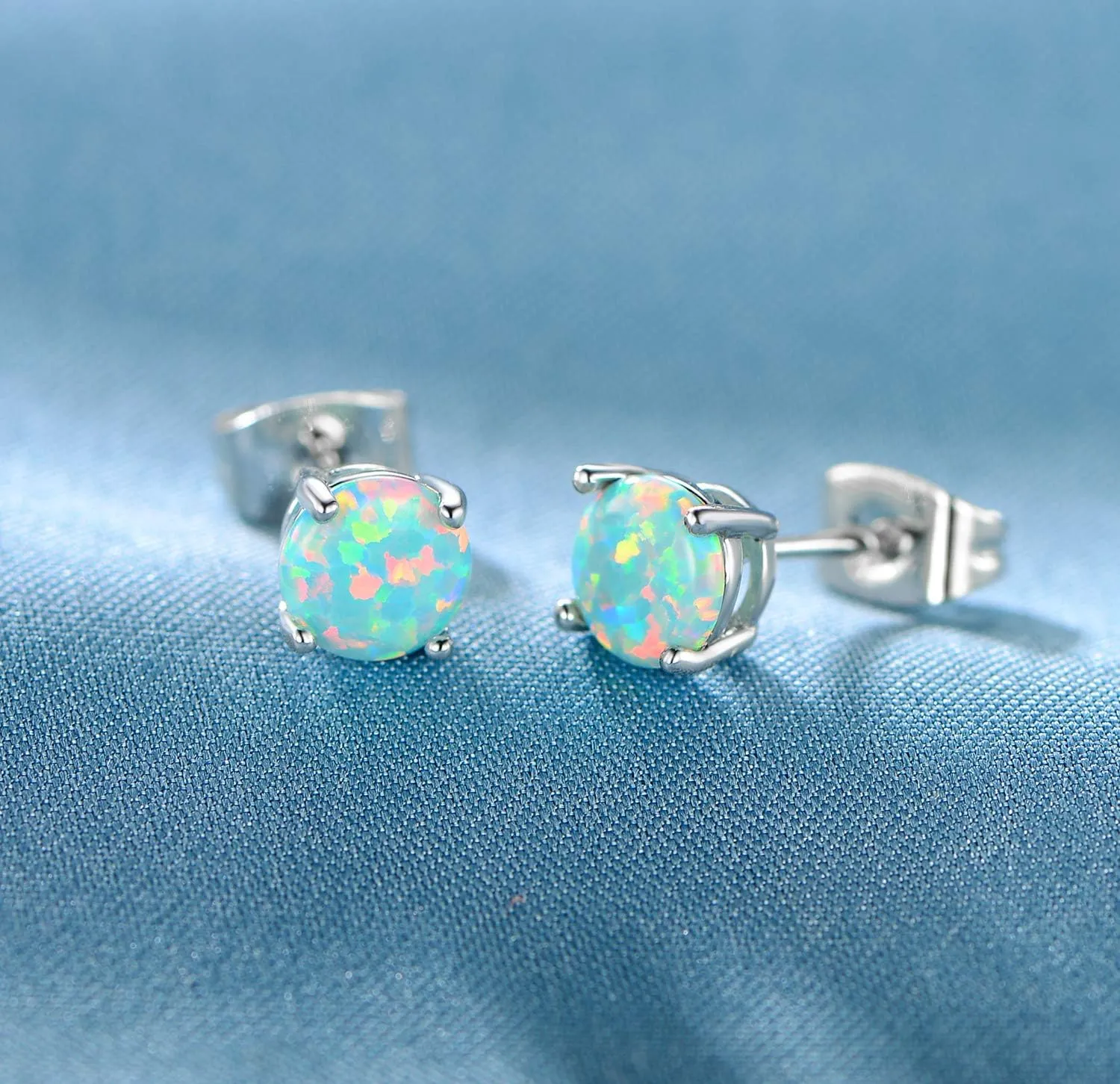 GEMSME 18K White Gold Plated Color 6mm Opal Stud Earrings for Women