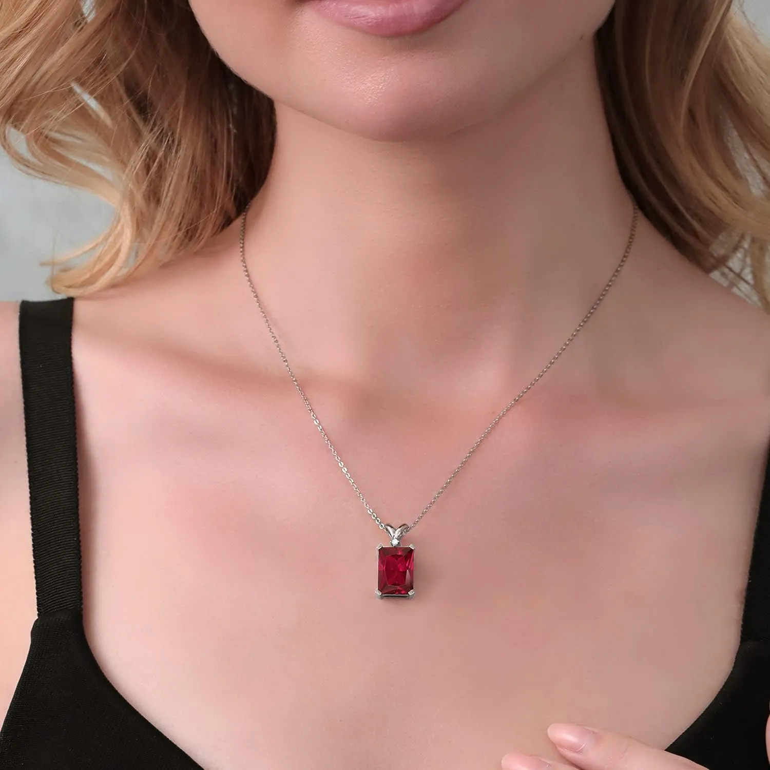 Gemstone Birthstone and White Diamond Pendant Necklace for Women | 925 Sterling Silver | Emerald Cut 14X10MM with 1MM Round Accent | Includes 18 Inch Chain | Fine Jewelry for Her Mom Wife