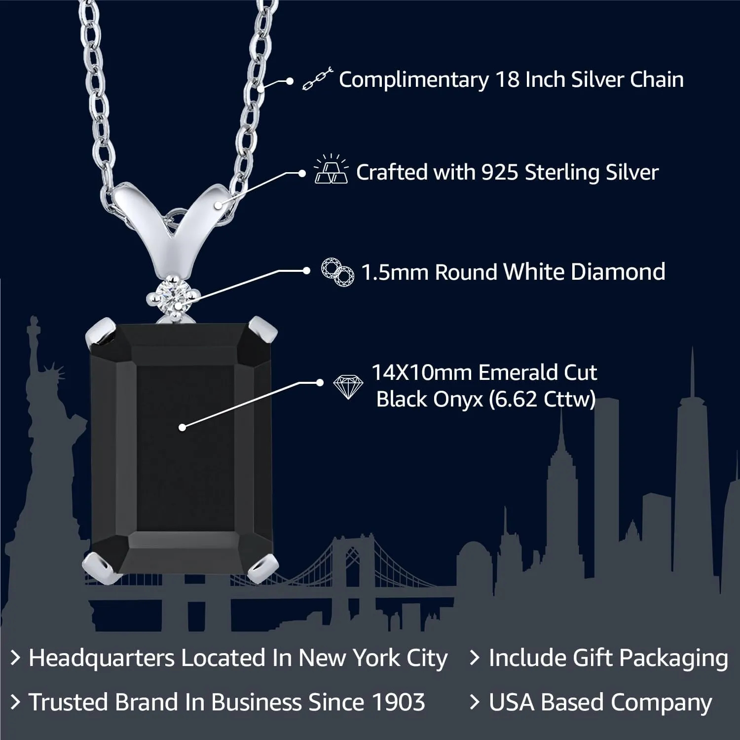 Gemstone Birthstone and White Diamond Pendant Necklace for Women | 925 Sterling Silver | Emerald Cut 14X10MM with 1MM Round Accent | Includes 18 Inch Chain | Fine Jewelry for Her Mom Wife