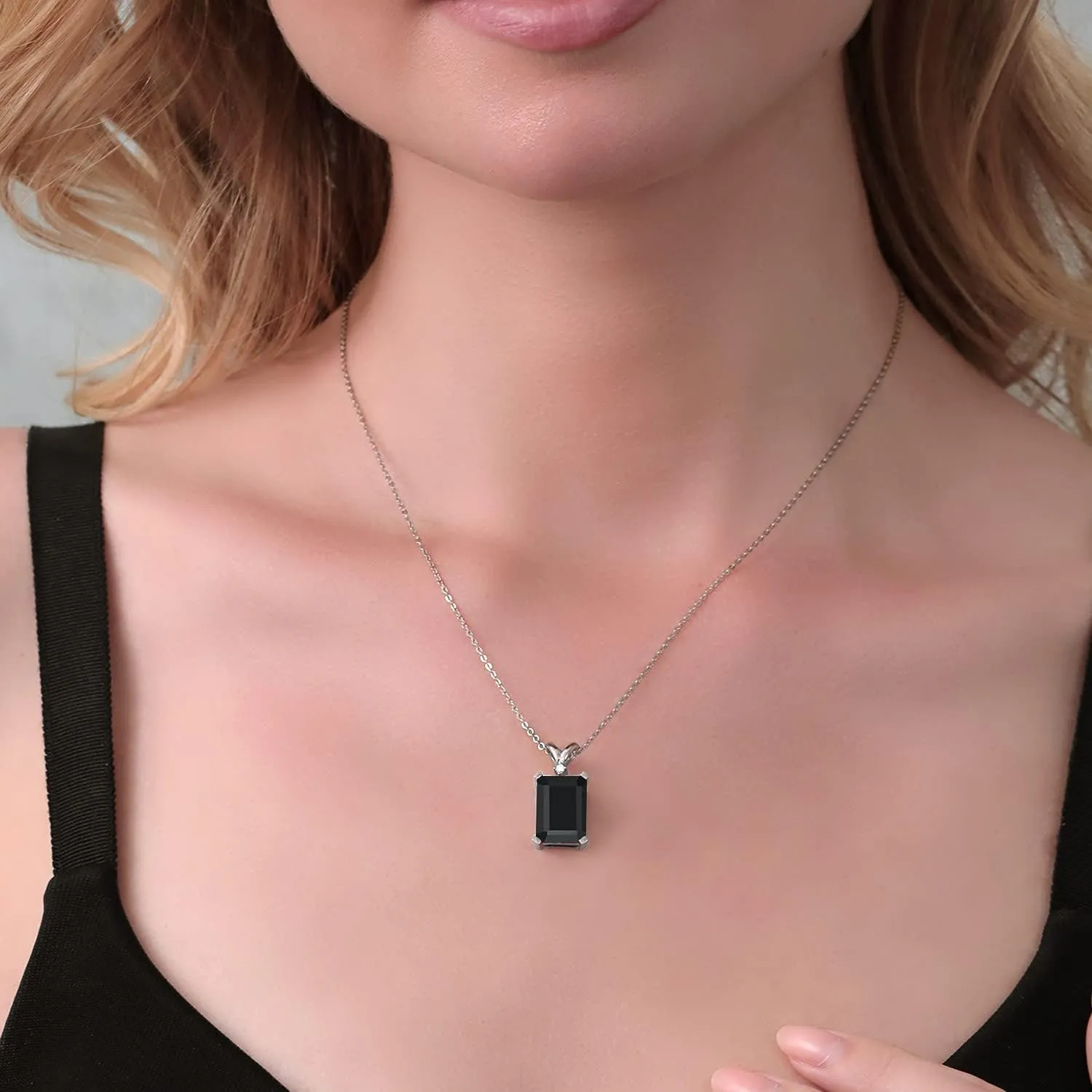 Gemstone Birthstone and White Diamond Pendant Necklace for Women | 925 Sterling Silver | Emerald Cut 14X10MM with 1MM Round Accent | Includes 18 Inch Chain | Fine Jewelry for Her Mom Wife