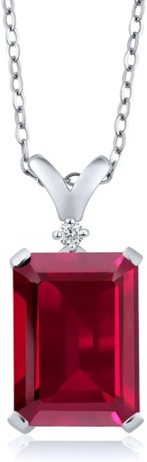 Gemstone Birthstone and White Diamond Pendant Necklace for Women | 925 Sterling Silver | Emerald Cut 14X10MM with 1MM Round Accent | Includes 18 Inch Chain | Fine Jewelry for Her Mom Wife