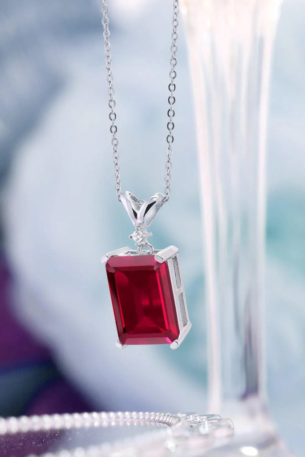 Gemstone Birthstone and White Diamond Pendant Necklace for Women | 925 Sterling Silver | Emerald Cut 14X10MM with 1MM Round Accent | Includes 18 Inch Chain | Fine Jewelry for Her Mom Wife