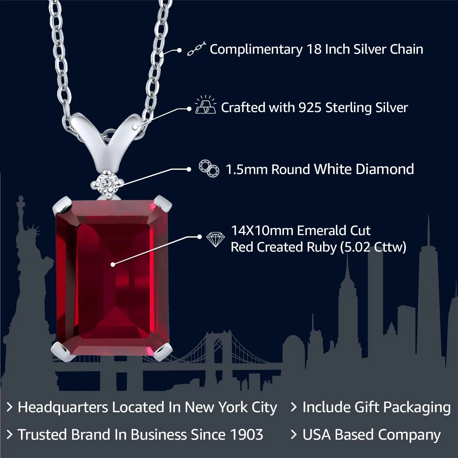 Gemstone Birthstone and White Diamond Pendant Necklace for Women | 925 Sterling Silver | Emerald Cut 14X10MM with 1MM Round Accent | Includes 18 Inch Chain | Fine Jewelry for Her Mom Wife