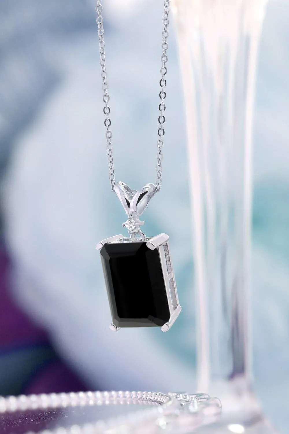 Gemstone Birthstone and White Diamond Pendant Necklace for Women | 925 Sterling Silver | Emerald Cut 14X10MM with 1MM Round Accent | Includes 18 Inch Chain | Fine Jewelry for Her Mom Wife