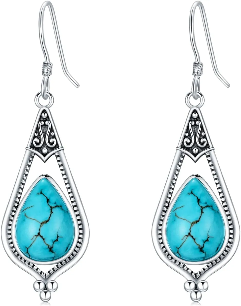 Genuine Turquoise Dangle Earrings for Women, Sterling Silver Vintage Native American Western Jewelry Teardrop Earrings Birthday Gift