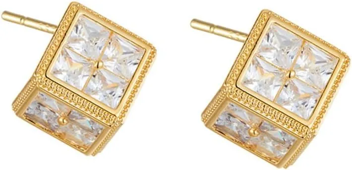 Geometry Square Stud Earrings for Women S925 Sterling Silver Post Earrings Cubic Zirconia Studs Earrings Minimalist Hypoallergenic Ear Jewelry