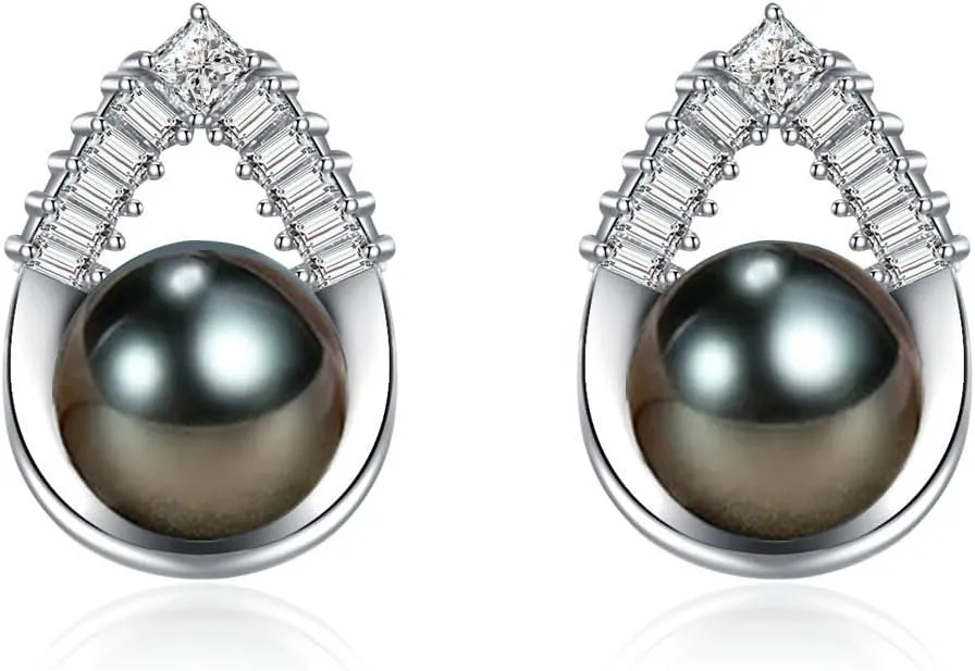Gift for Wife -Tahitian Black/Freshwater Cultured-Pearl-Earrings-Gifts for Women Wedding Birthday Anniversary-Mom Her Mothers Day Valentines Day Christmas-18K Gold Plated Sterling Silver Pearl Stud Earring Fine Jewelry