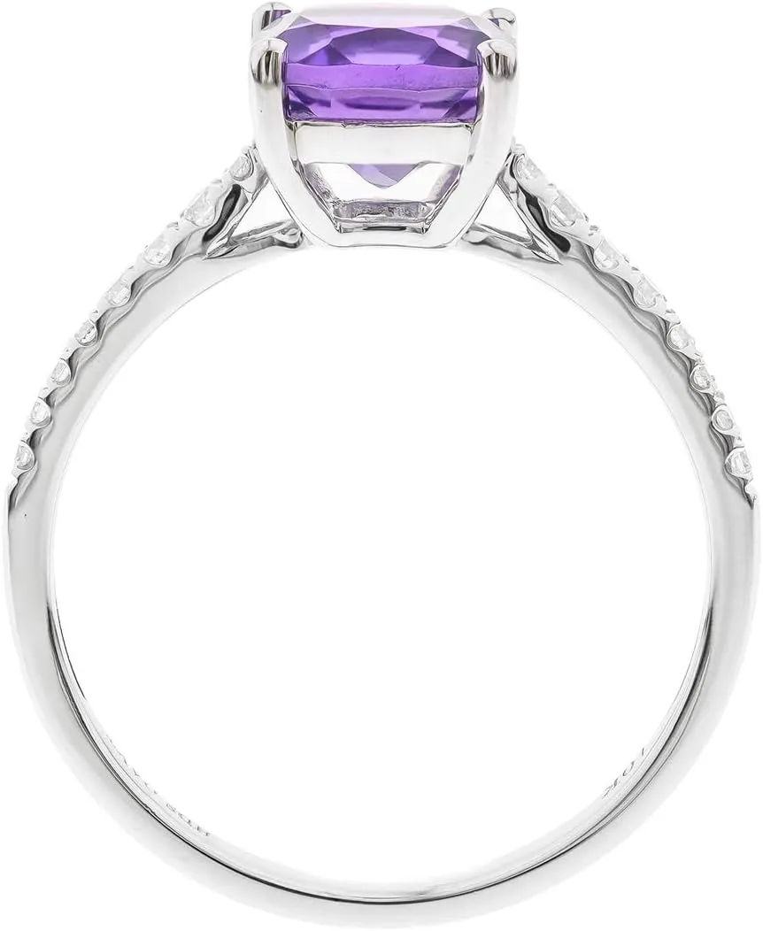 Gin & Garce 10K White Gold Genuine Amethyst Ring with Diamonds for women | Ethically, authentically & organically sourced (Cushion) shaped Amethyst hand-crafted jewelry for her