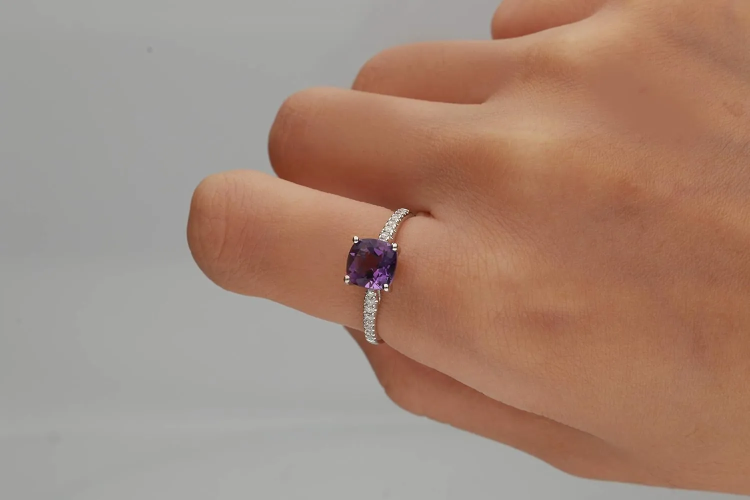 Gin & Garce 10K White Gold Genuine Amethyst Ring with Diamonds for women | Ethically, authentically & organically sourced (Cushion) shaped Amethyst hand-crafted jewelry for her