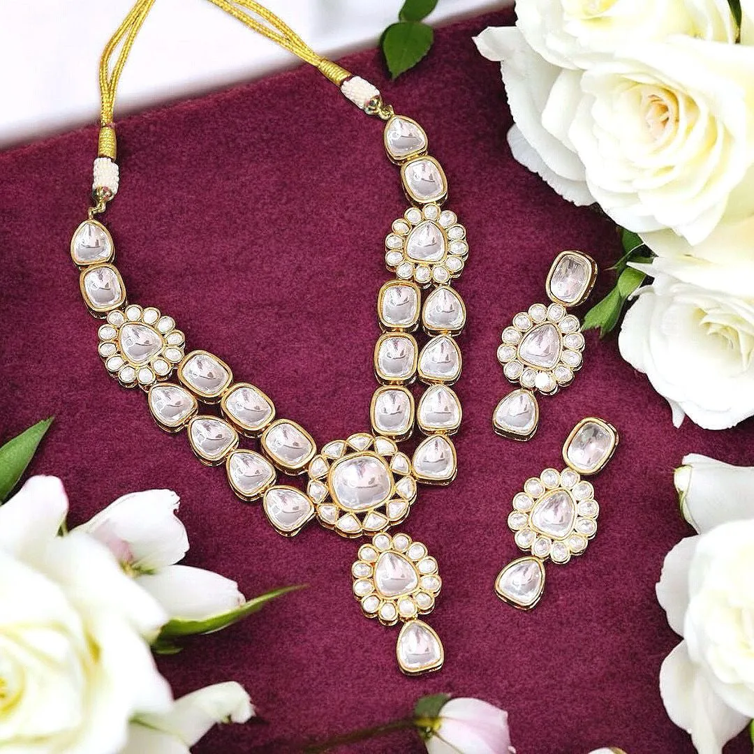Glamorous Bollywood Polki Beaded Necklace Earrrings Set, Celebrity Designed Polki Necklace Set, Indian Polki Jewelry Set, Pakistani Polki Jewelry Set, Wedding Polki Necklace Set