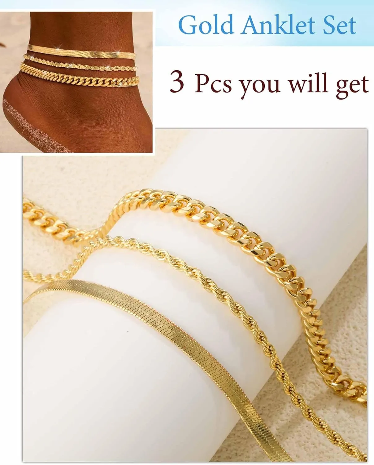 Gold Ankle Bracelets for Women 14K Gold Plated Anklets for Women Waterproof Non Tarnish Dainty Layered Heart Cuban Link Beaded Anklets Set Summer Beach Stuff Jewelry Gifts for Women Trendy