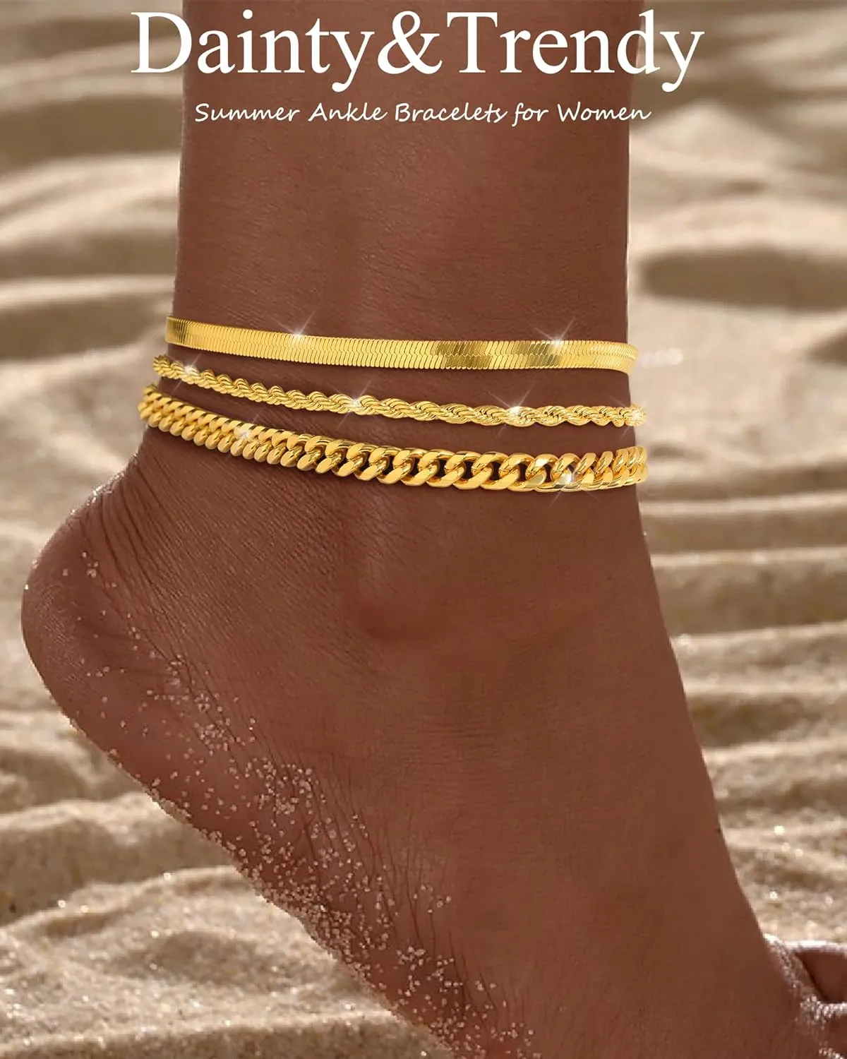 Gold Ankle Bracelets for Women 14K Gold Plated Anklets for Women Waterproof Non Tarnish Dainty Layered Heart Cuban Link Beaded Anklets Set Summer Beach Stuff Jewelry Gifts for Women Trendy