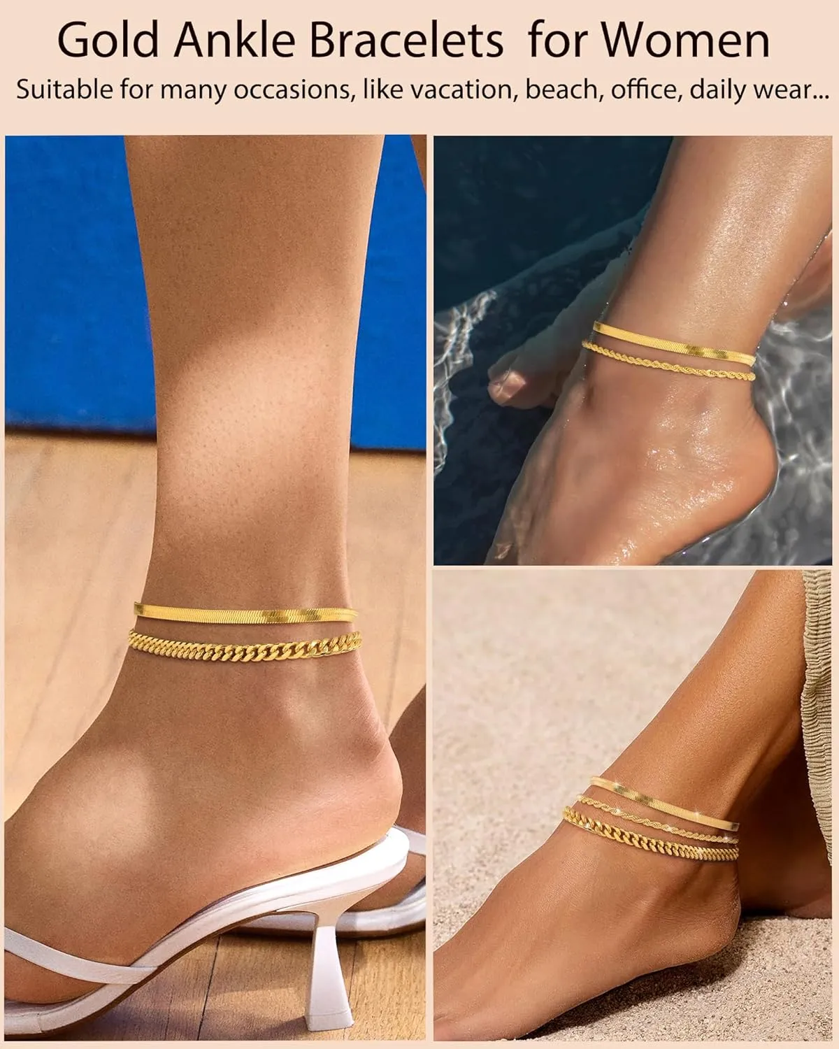 Gold Ankle Bracelets for Women 14K Gold Plated Anklets for Women Waterproof Non Tarnish Dainty Layered Heart Cuban Link Beaded Anklets Set Summer Beach Stuff Jewelry Gifts for Women Trendy