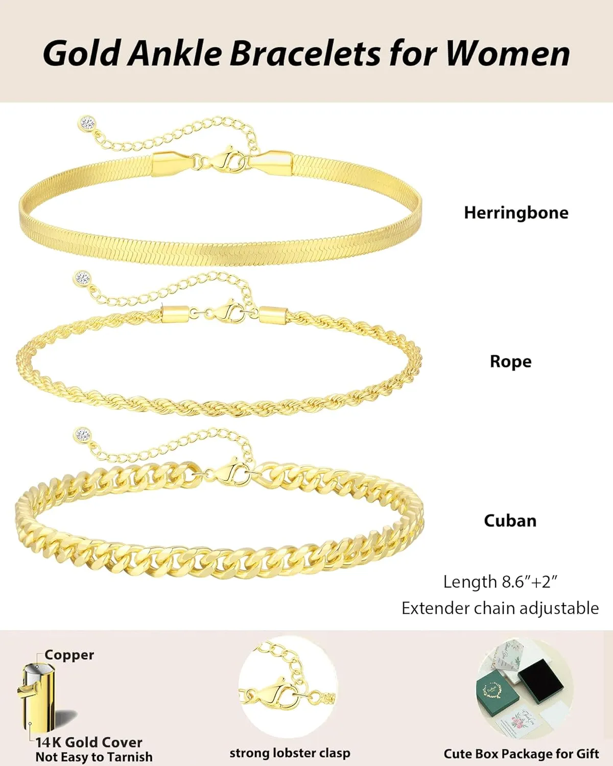 Gold Ankle Bracelets for Women 14K Gold Plated Anklets for Women Waterproof Non Tarnish Dainty Layered Heart Cuban Link Beaded Anklets Set Summer Beach Stuff Jewelry Gifts for Women Trendy