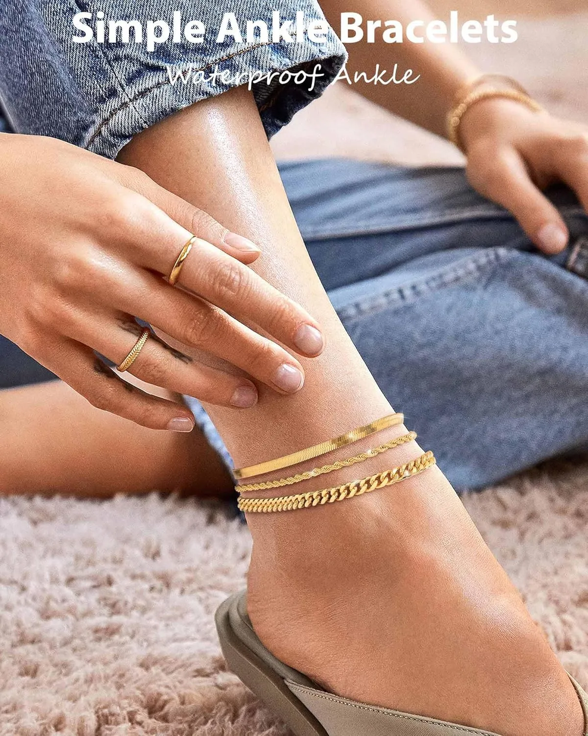 Gold Ankle Bracelets for Women 14K Gold Plated Anklets for Women Waterproof Non Tarnish Dainty Layered Heart Cuban Link Beaded Anklets Set Summer Beach Stuff Jewelry Gifts for Women Trendy