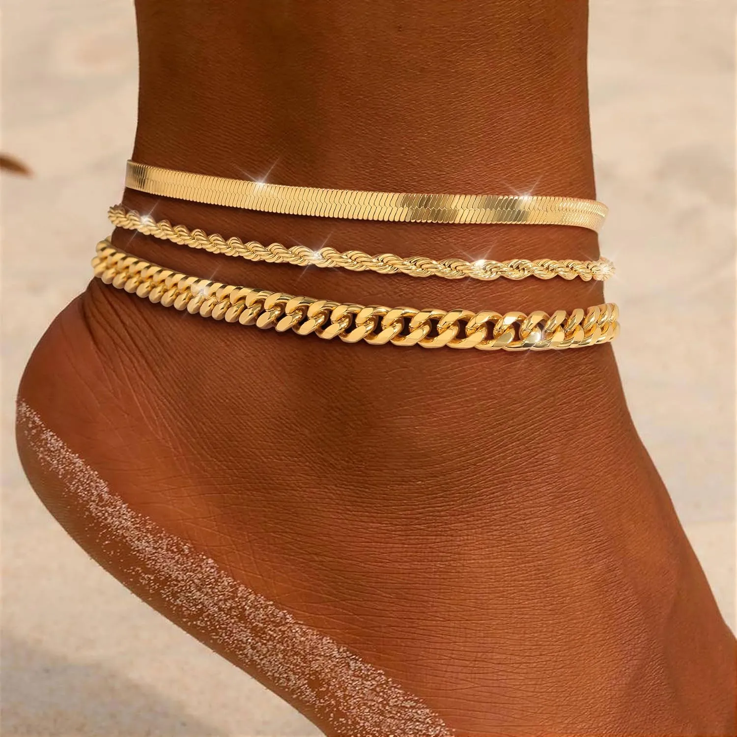 Gold Ankle Bracelets for Women 14K Gold Plated Anklets for Women Waterproof Non Tarnish Dainty Layered Heart Cuban Link Beaded Anklets Set Summer Beach Stuff Jewelry Gifts for Women Trendy