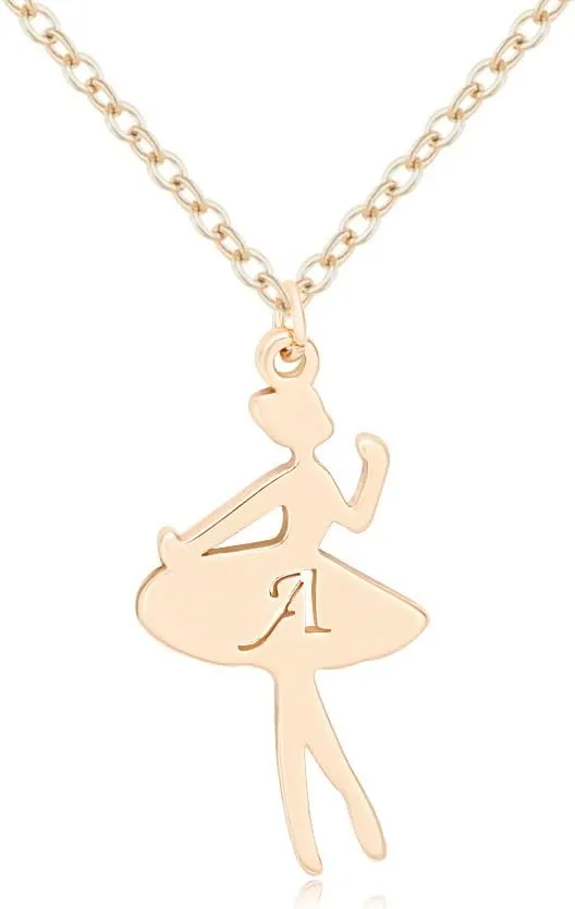 Gold Ballerina Dancer Recital Gift Ballet Dance with Initial Alphabet Pendant Necklace