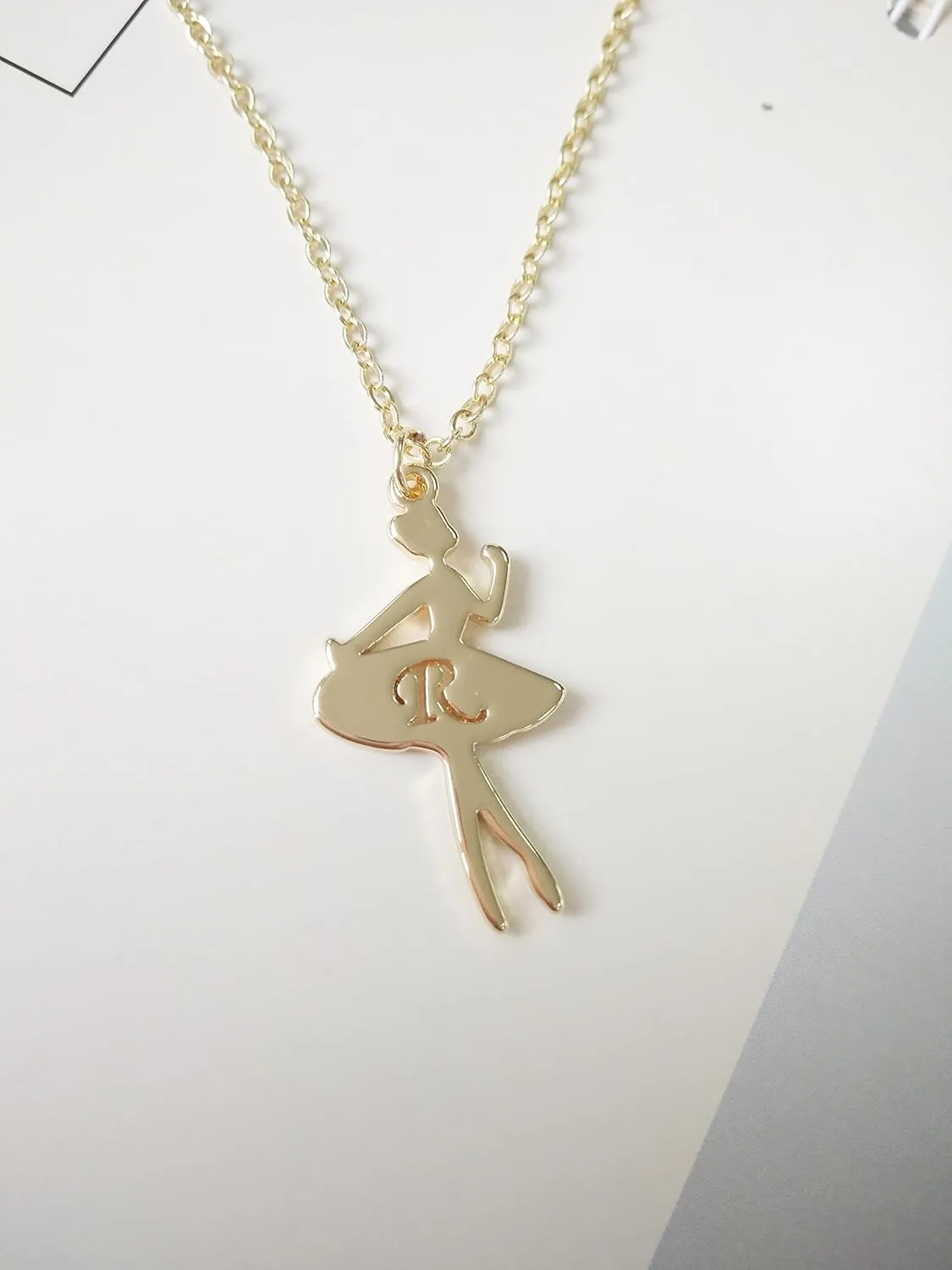 Gold Ballerina Dancer Recital Gift Ballet Dance with Initial Alphabet Pendant Necklace