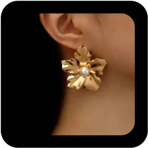 Gold Boho Flower Earrings: Large Pearl Studs, Vintage Flower Design, Perfect for Parties, Dating, Engagement