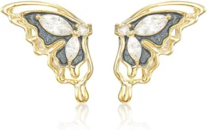 Gold Butterfly Earrings for Women Dainty Butterfly Wing Earrings Studs Cute Butterfly Stud Earrings 14K Gold Plated with Crystal Cubic Zirconia Accent