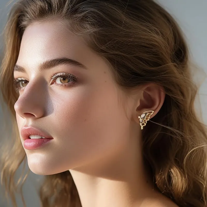 Gold Butterfly Earrings for Women Dainty Butterfly Wing Earrings Studs Cute Butterfly Stud Earrings 14K Gold Plated with Crystal Cubic Zirconia Accent