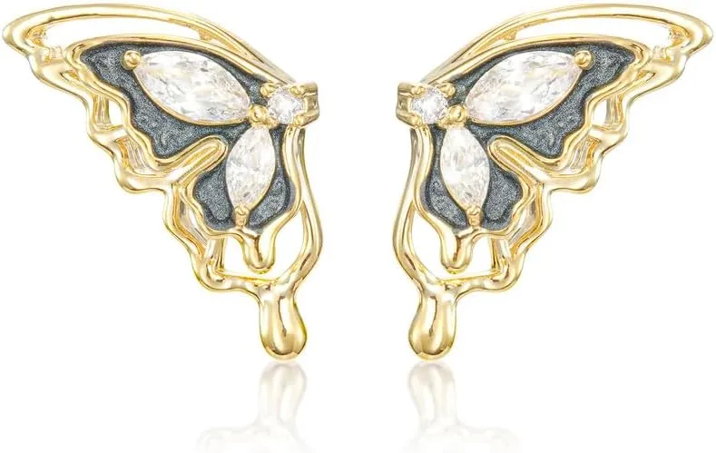 Gold Butterfly Earrings for Women Dainty Butterfly Wing Earrings Studs Cute Butterfly Stud Earrings 14K Gold Plated with Crystal Cubic Zirconia Accent