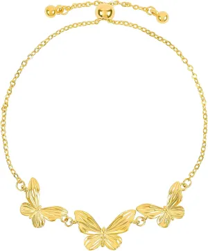 Gold Butterfly Link Bracelet for Women - 14K Gold Plated Triple Charm Elegant Textured Bolo Bracelet - Adjustable Slider Insect Summer Party Trendy Jewelry Gift