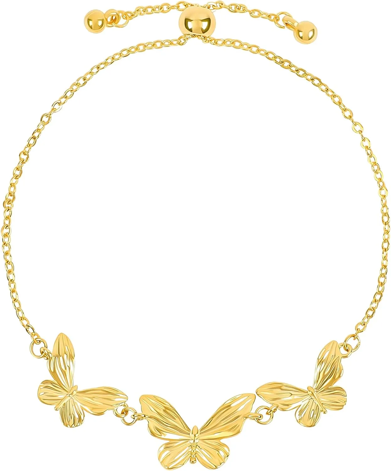 Gold Butterfly Link Bracelet for Women - 14K Gold Plated Triple Charm Elegant Textured Bolo Bracelet - Adjustable Slider Insect Summer Party Trendy Jewelry Gift