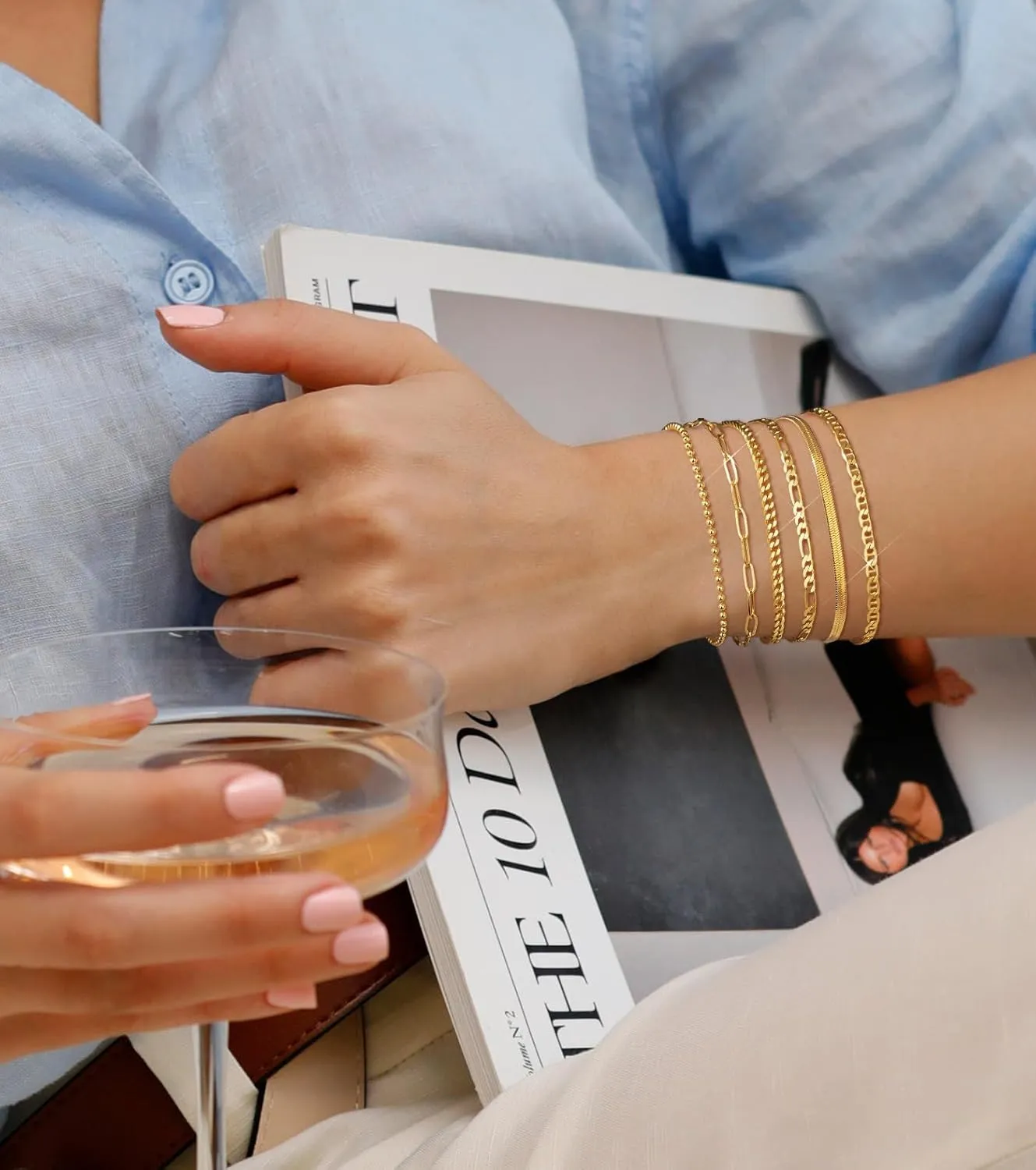 Gold Chain Bracelets Set for Women - Dainty 14K Gold Plated Cuban Link Bracelet Non Tarnish Figaro Herringbone Paperclip Stackable Beaded Bracelet Pack Jewelry Gifts 6" | 6.8" | 7.2"