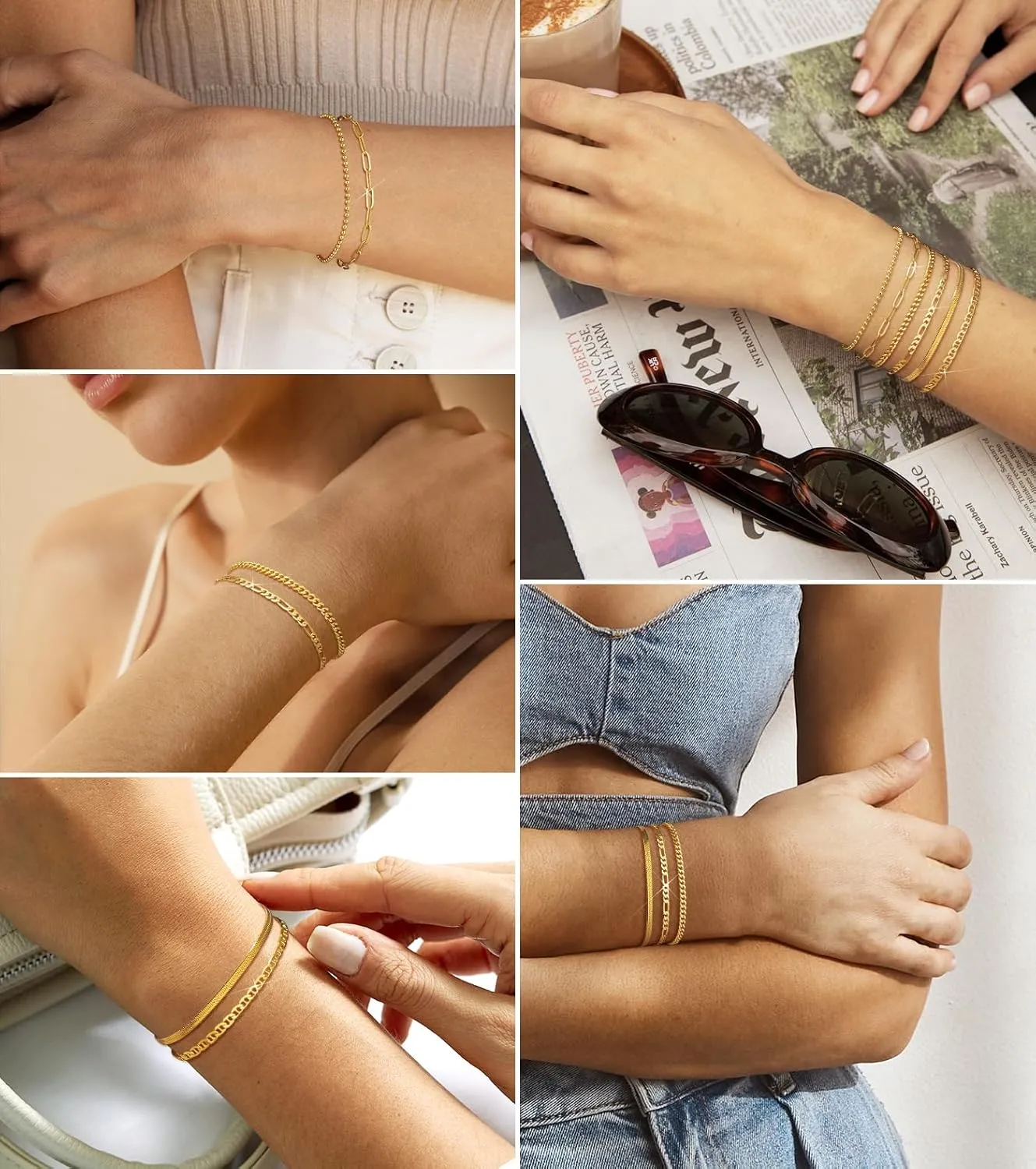Gold Chain Bracelets Set for Women - Dainty 14K Gold Plated Cuban Link Bracelet Non Tarnish Figaro Herringbone Paperclip Stackable Beaded Bracelet Pack Jewelry Gifts 6" | 6.8" | 7.2"