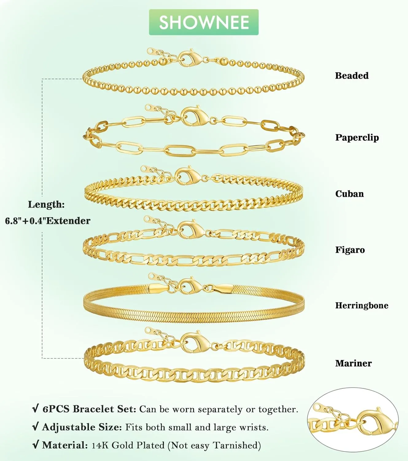 Gold Chain Bracelets Set for Women - Dainty 14K Gold Plated Cuban Link Bracelet Non Tarnish Figaro Herringbone Paperclip Stackable Beaded Bracelet Pack Jewelry Gifts 6" | 6.8" | 7.2"